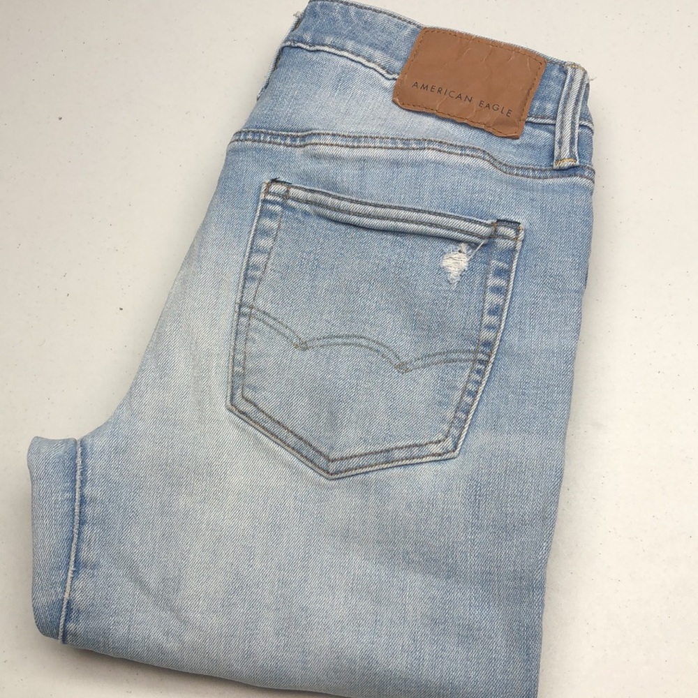 DISTRESS MENS AMERICAN EAGLE MOVE-FREE SLIM JEANS 30x30 🦅